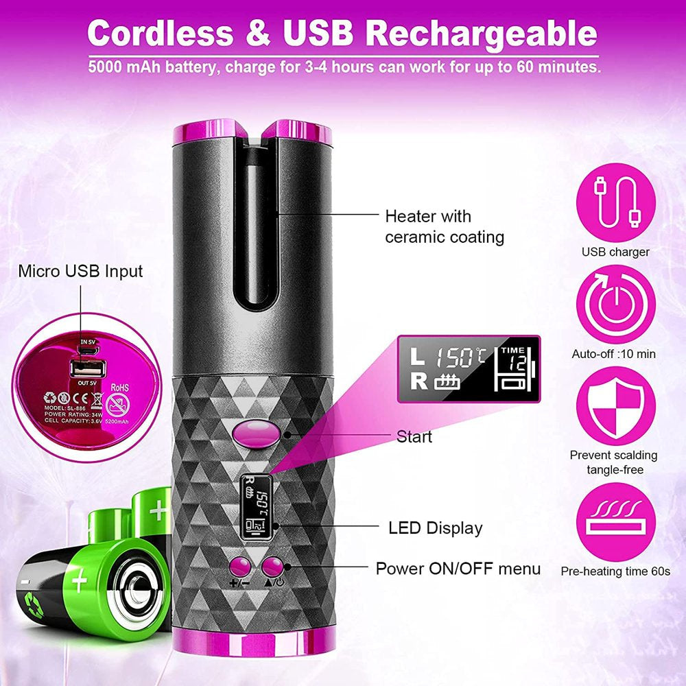 Portable Rechargeable Ceramic Automatic Hair Curler Wand Fast Heating