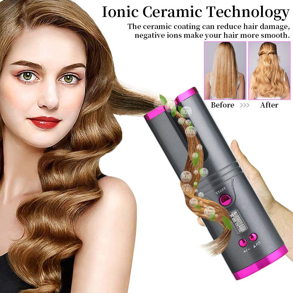 Portable Rechargeable Ceramic Automatic Hair Curler Wand Fast Heating