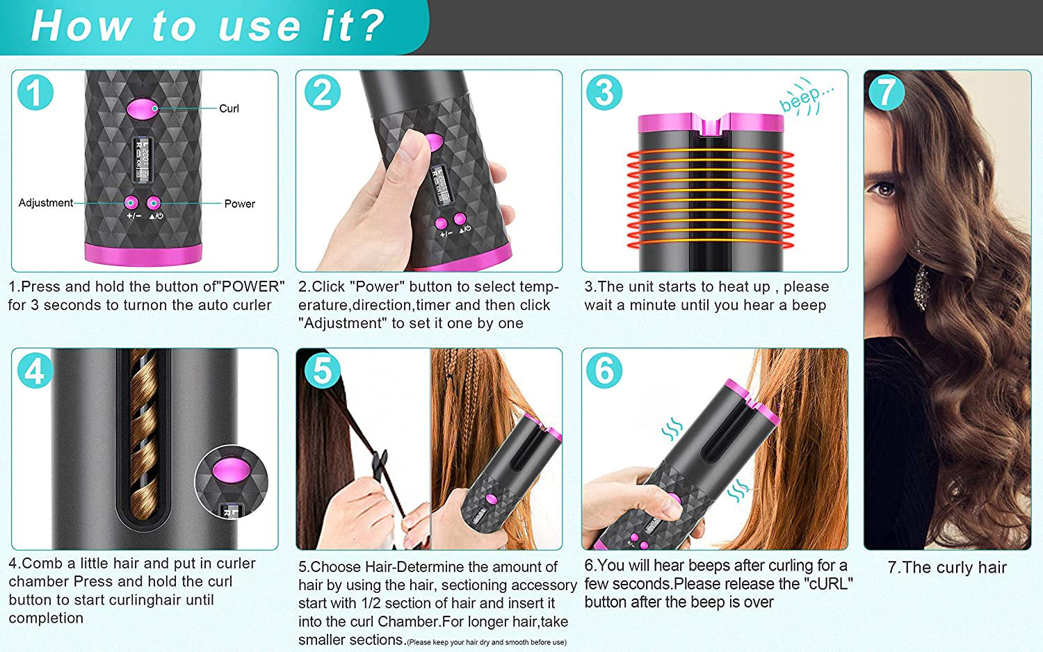 Portable Rechargeable Ceramic Automatic Hair Curler Wand Fast Heating